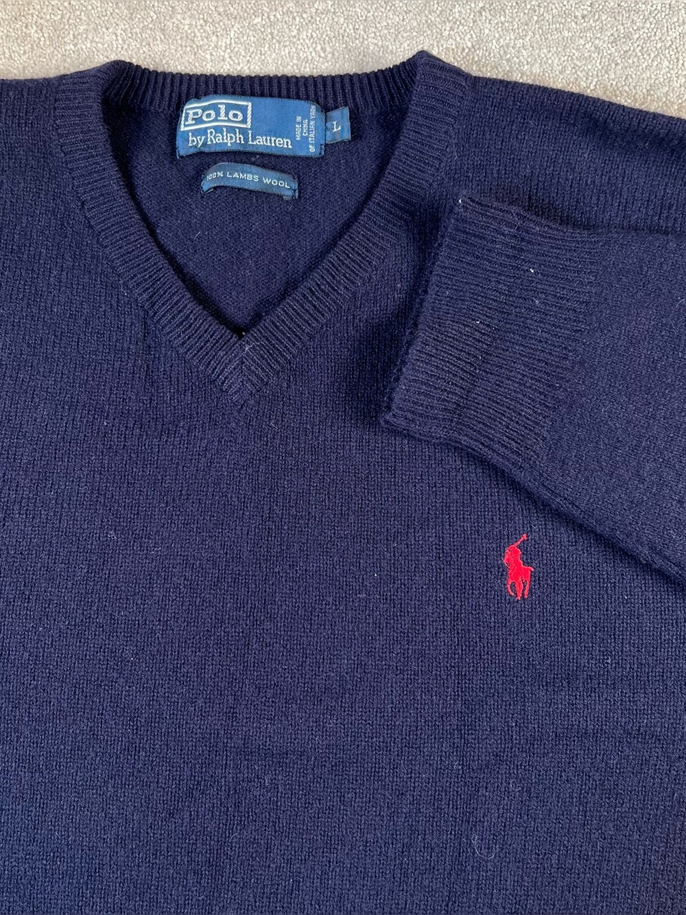 Polo Ralph Lauren Sweater V Neck Navy Blue Red Pony 100% Lambs Wool Men's Large